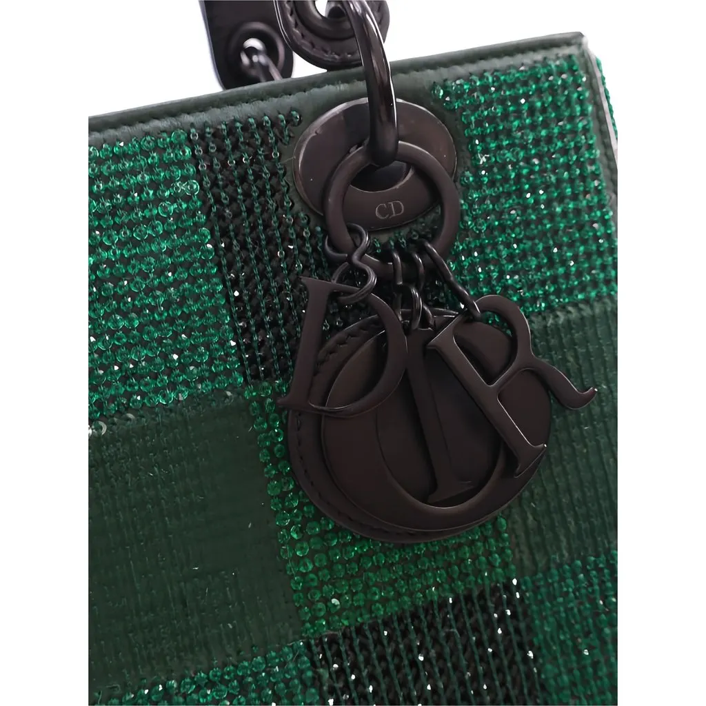Dior Medium Crystal Embellished Calfskin Checkered Lady Dior Green Leather Very good - Box View