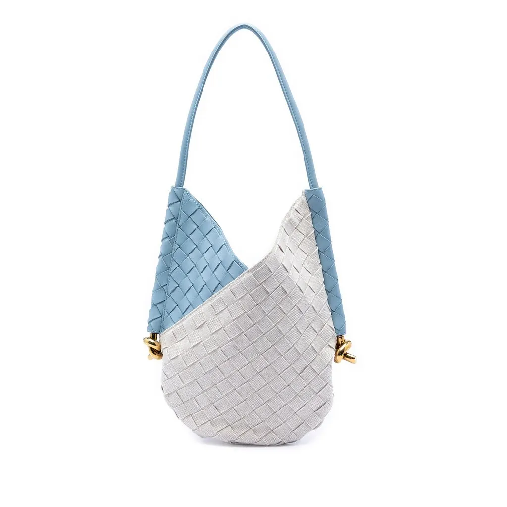 Bottega Veneta Small Nappa and Canvas Intrecciato Solstice Shoulder Bag Blue Leather Good - Front View