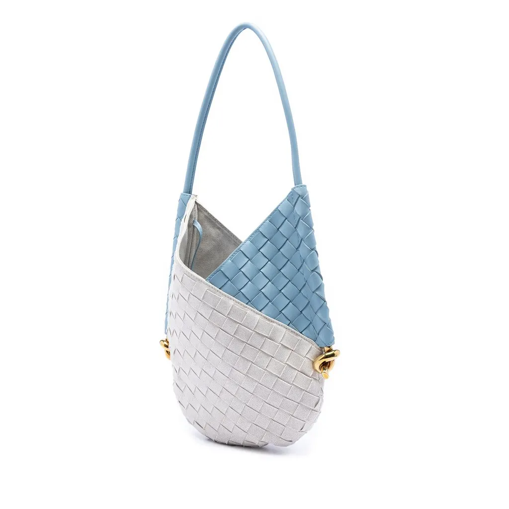 Bottega Veneta Small Nappa and Canvas Intrecciato Solstice Shoulder Bag Blue Leather Good - Back View