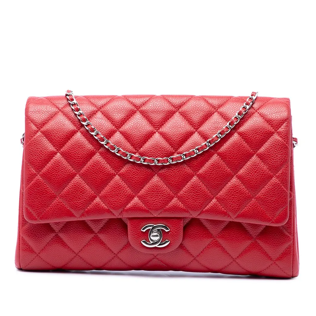 Chanel CC Quilted Caviar Flap Clutch on Chain Red Leather Very good - Front View