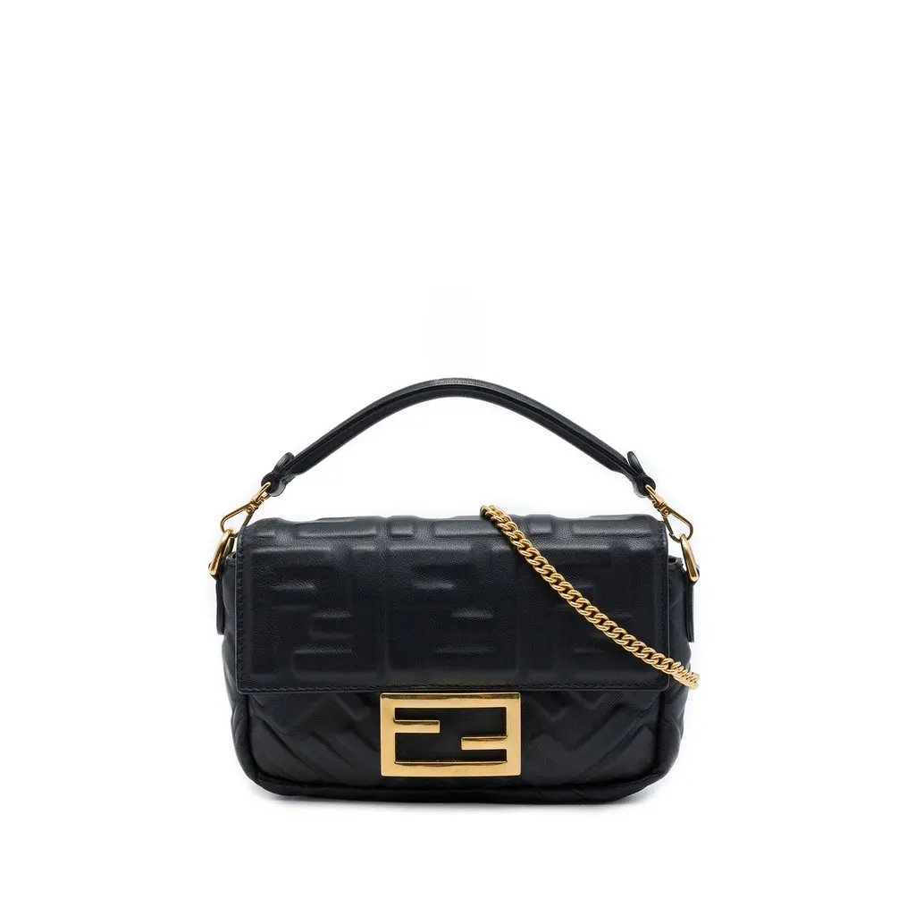 Fendi Mini Zucca Embossed Leather Baguette Satchel Black Leather Very good - Front View