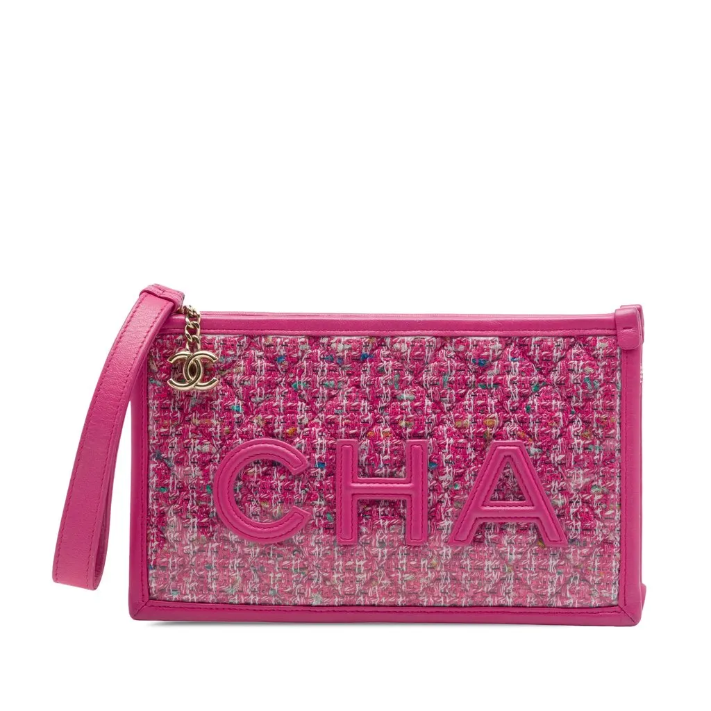 Chanel Quilted Tweed PVC Logo Wristlet Clutch Pink Very good - Front View