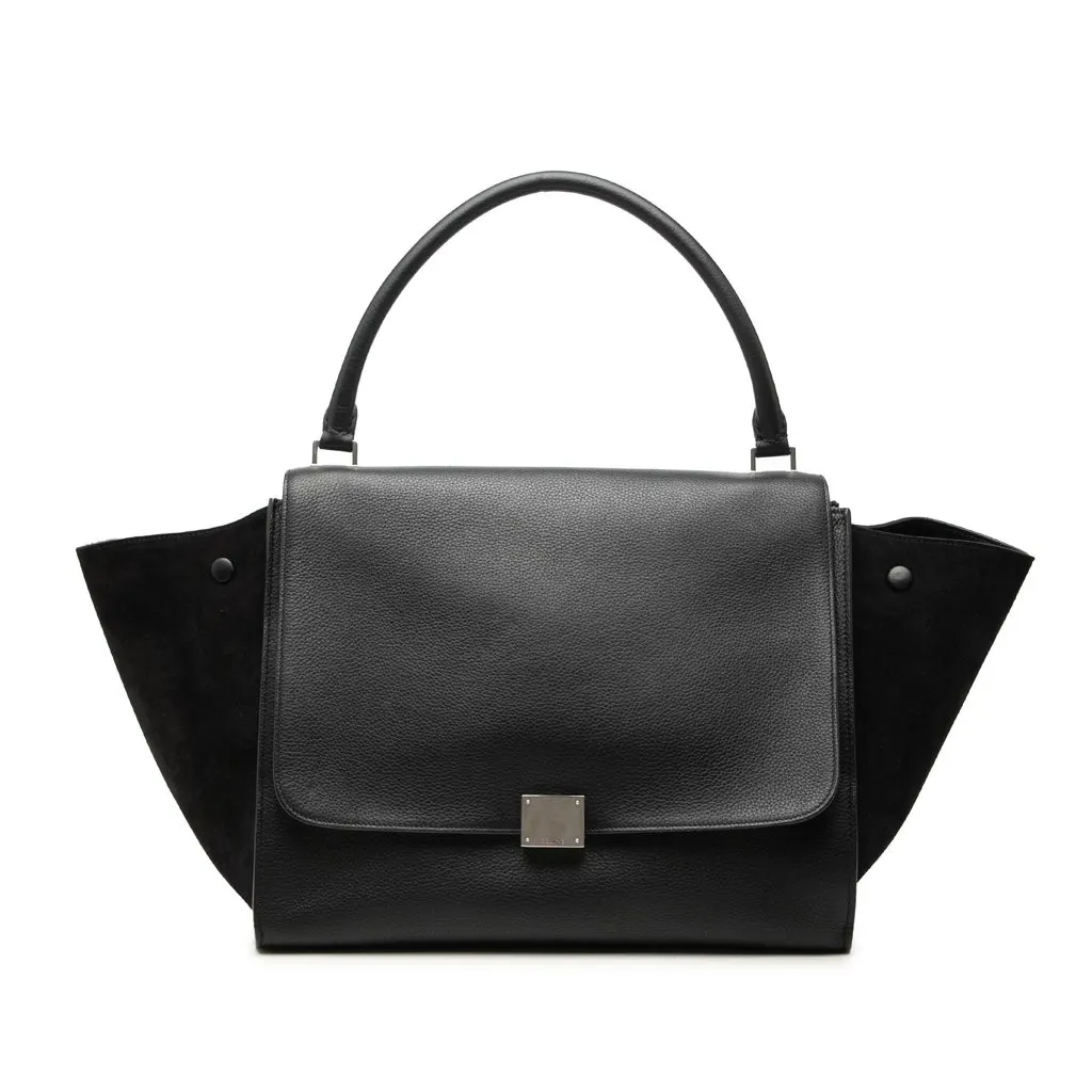 Celine Large Drummed Calfskin and Suede Trapeze Satchel Black Leather Very good - Front View