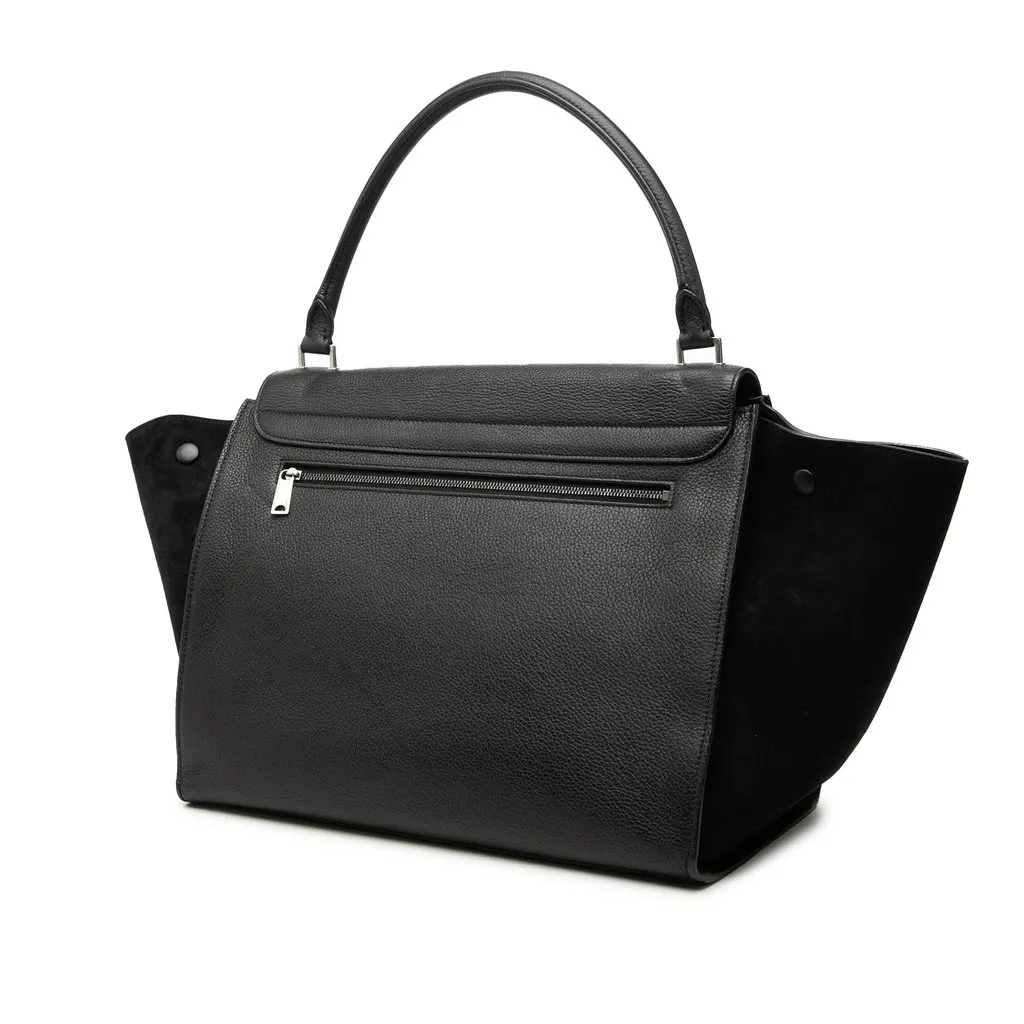 Celine Large Drummed Calfskin and Suede Trapeze Satchel Black Leather Very good - Back View