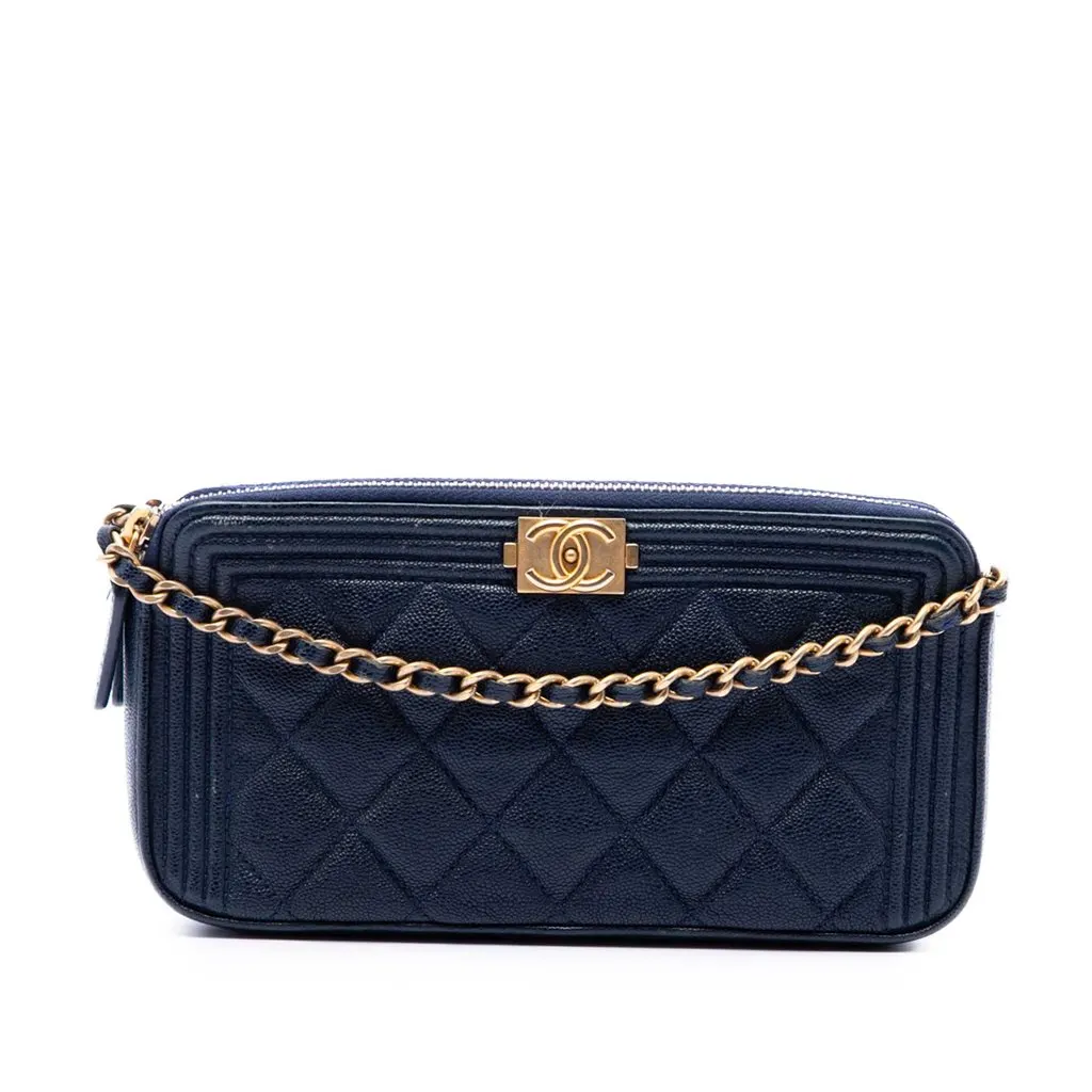 Chanel Quilted Caviar Boy Double Zip Wallet On Chain Blue Leather Very good - Front View