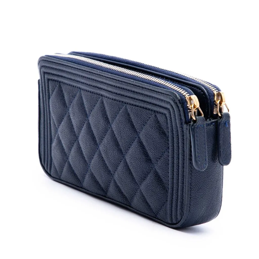 Chanel Quilted Caviar Boy Double Zip Wallet On Chain Blue Leather Very good - Back View