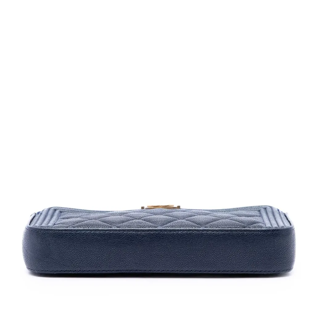 Chanel Quilted Caviar Boy Double Zip Wallet On Chain Blue Leather Very good - Inside View