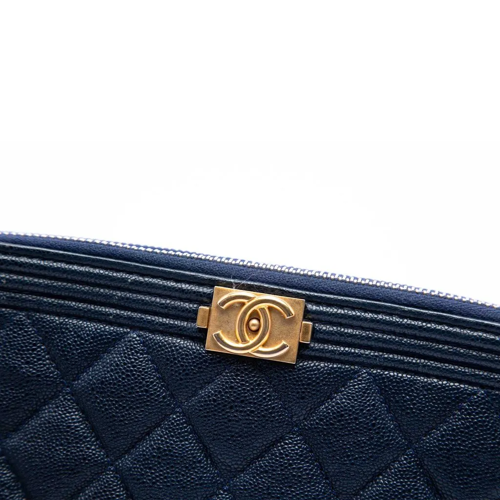 Chanel Quilted Caviar Boy Double Zip Wallet On Chain Blue Leather Very good - Box View