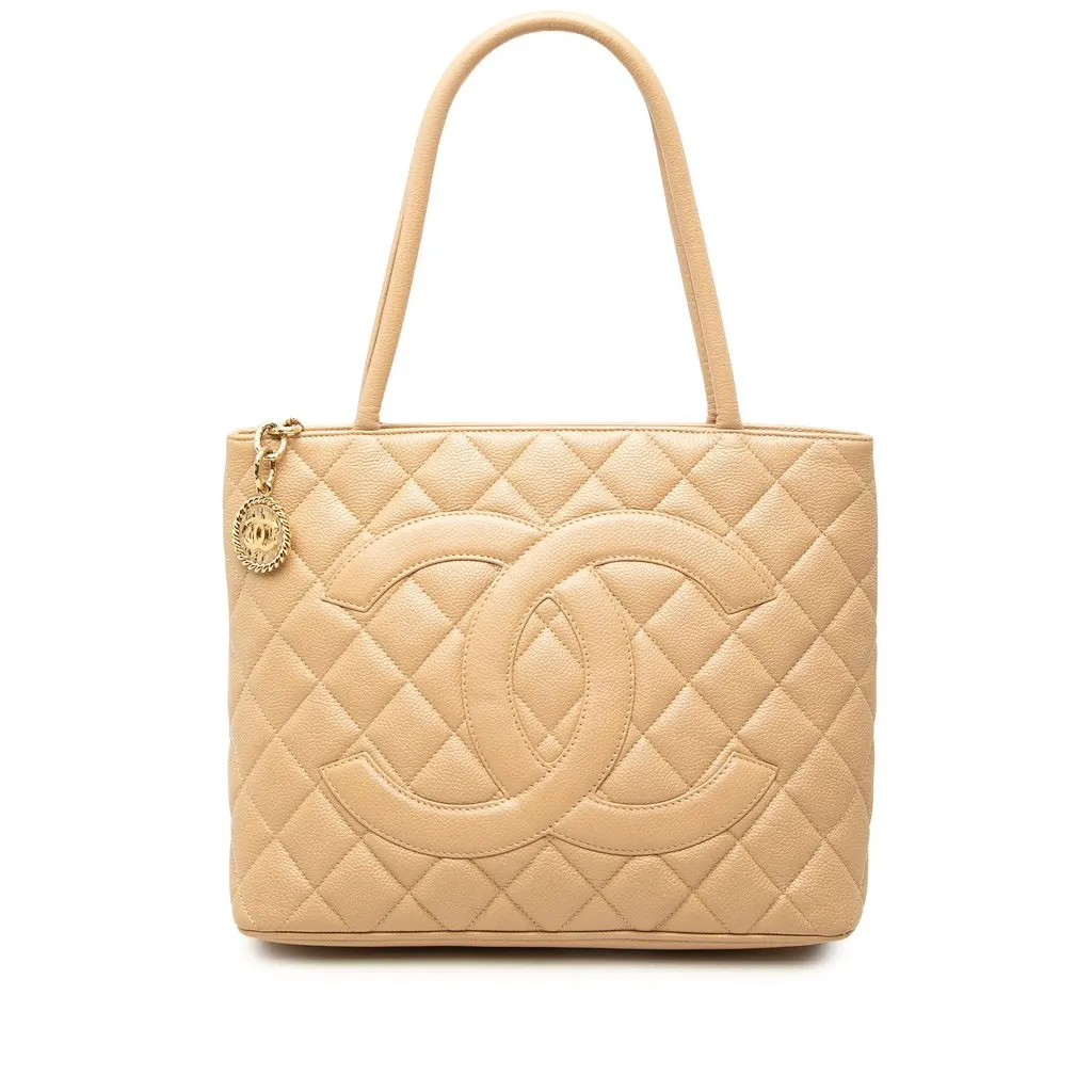 Chanel Caviar Medallion Tote Beige Leather Good - Front View