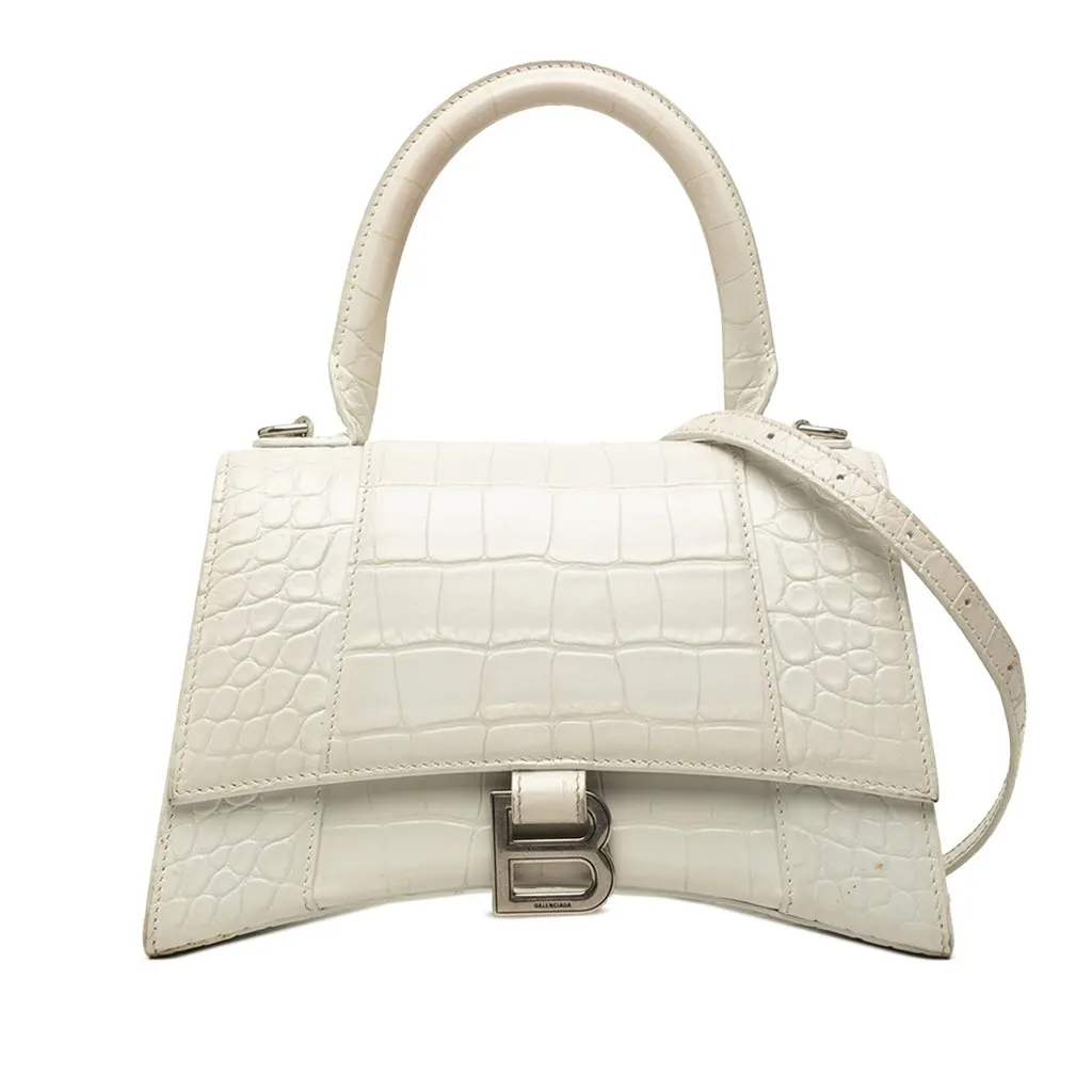 Balenciaga Small Croc Embossed Leather Hourglass Top Handle Bag White Leather Very good - Front View