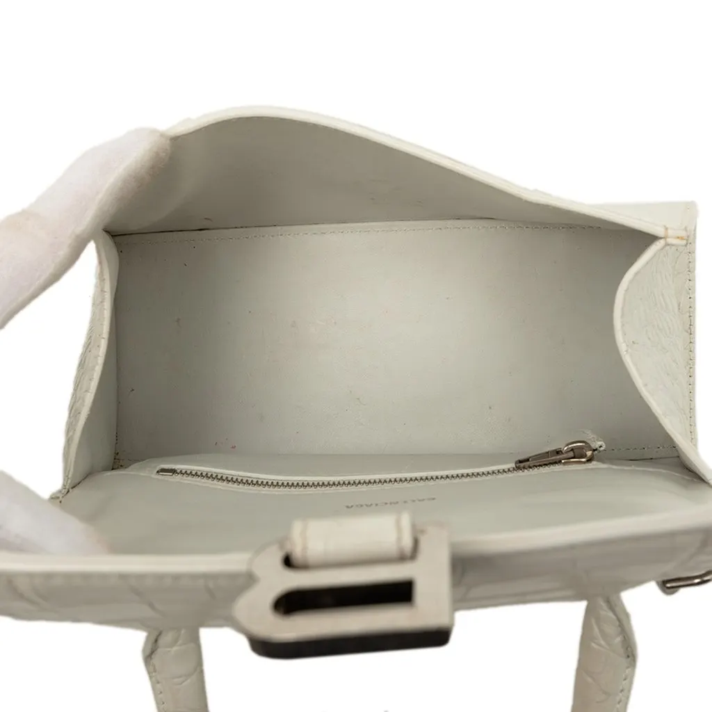 Balenciaga Small Croc Embossed Leather Hourglass Top Handle Bag White Leather Very good - Model View