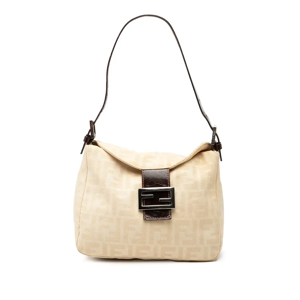 Fendi Zucca Canvas Double Flap Shoulder Bag Beige Very good - Front View