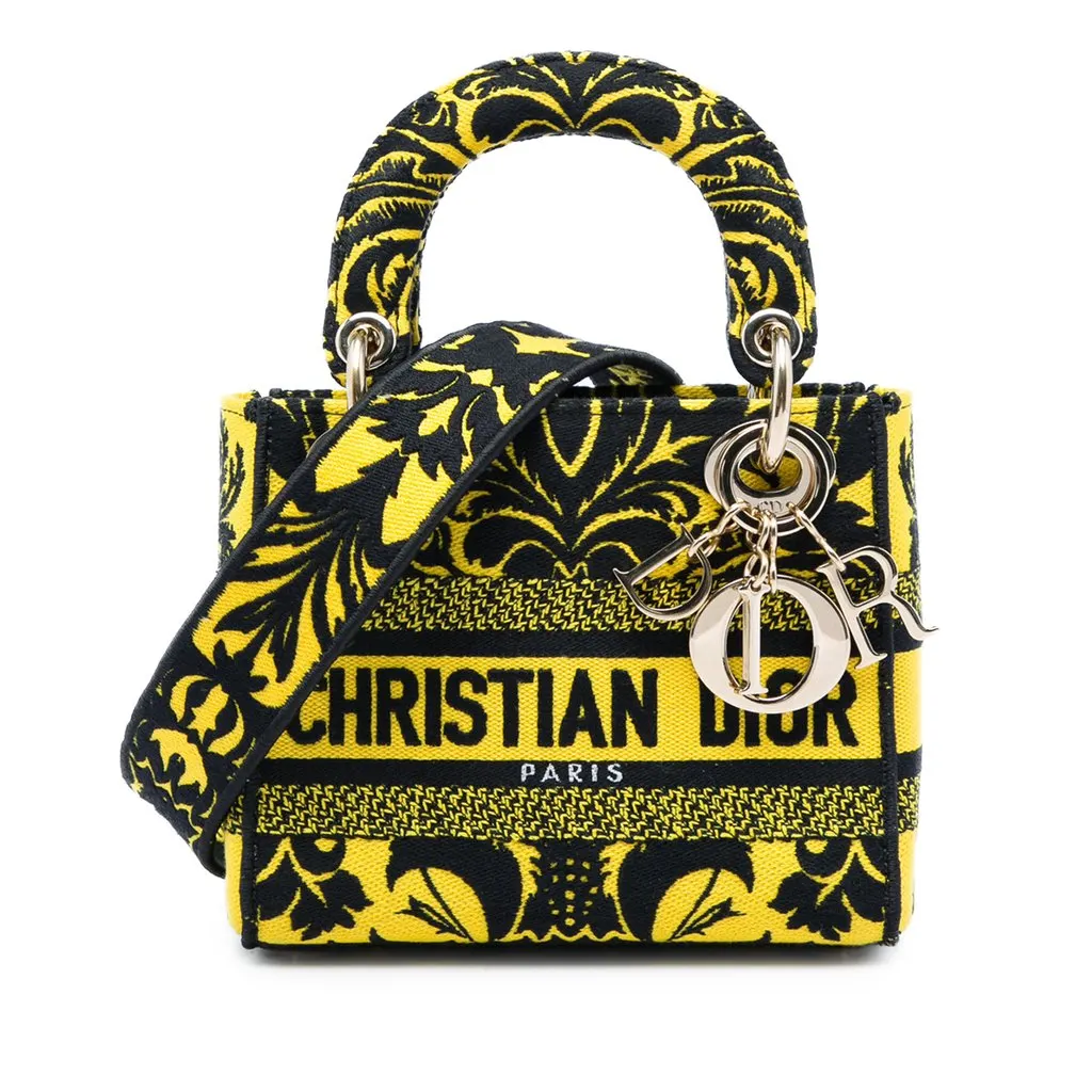 Dior Mini Embroidered Canvas Petites Fleurs Lady D Lite Yellow Very good - Front View