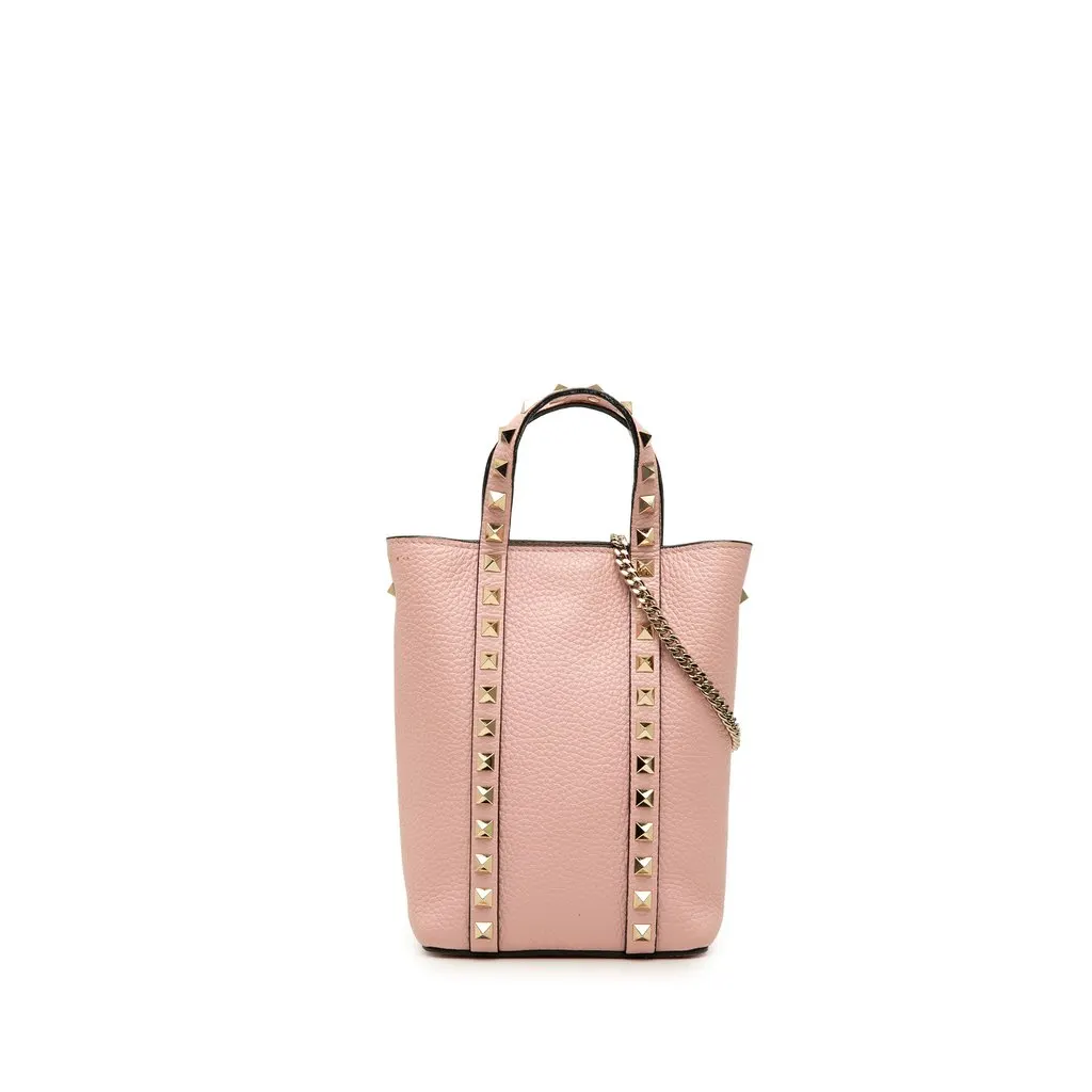 Valentino Pebbled Calfskin Rockstud Chain Tote Pink Leather Very good - Front View