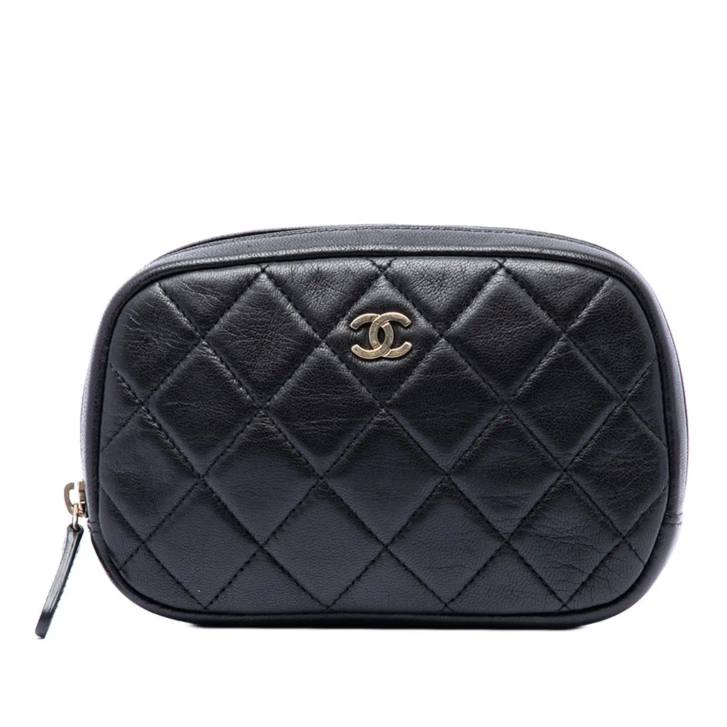 Chanel CC Quilted Lambskin Curvy Cosmetic Case Pouch Black Leather Very good - Front View