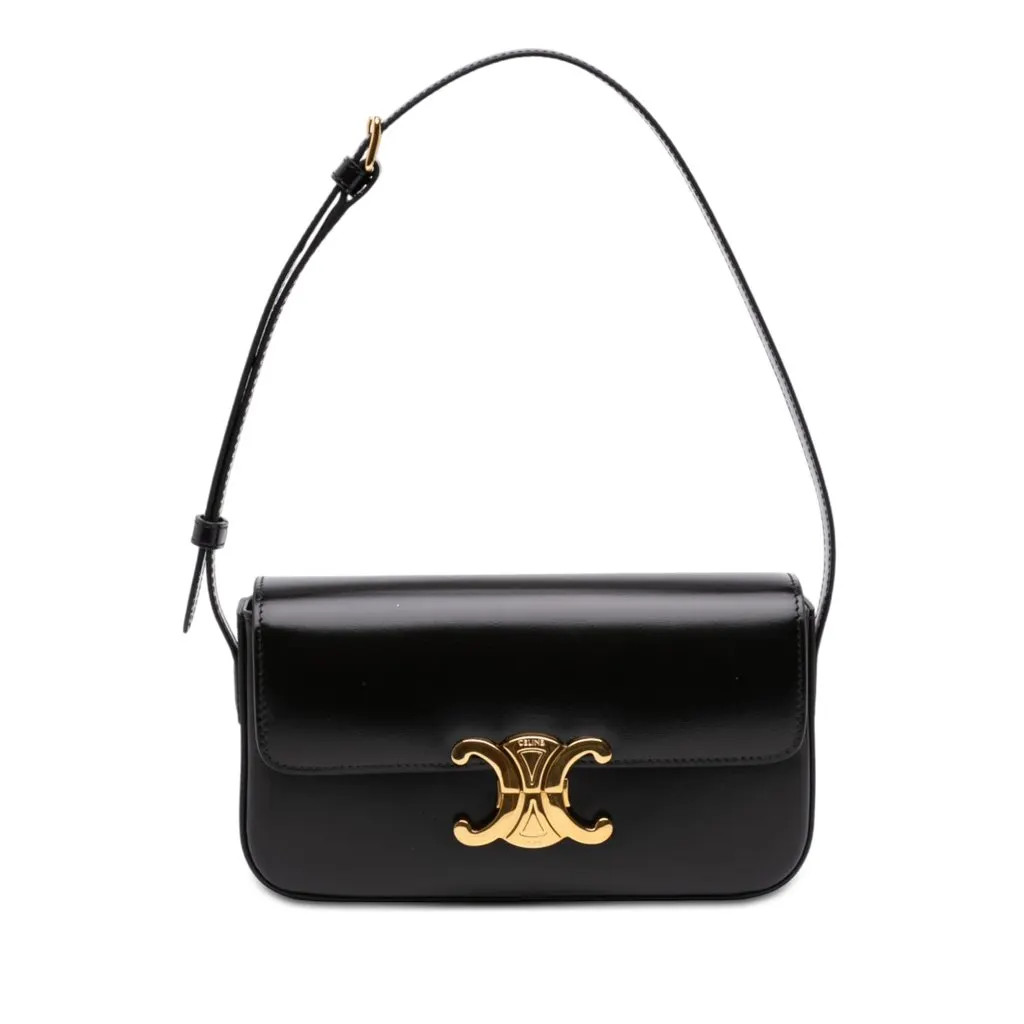 Celine Shiny Calfskin Triomphe Claude Shoulder Bag Black Leather Very good - Front View