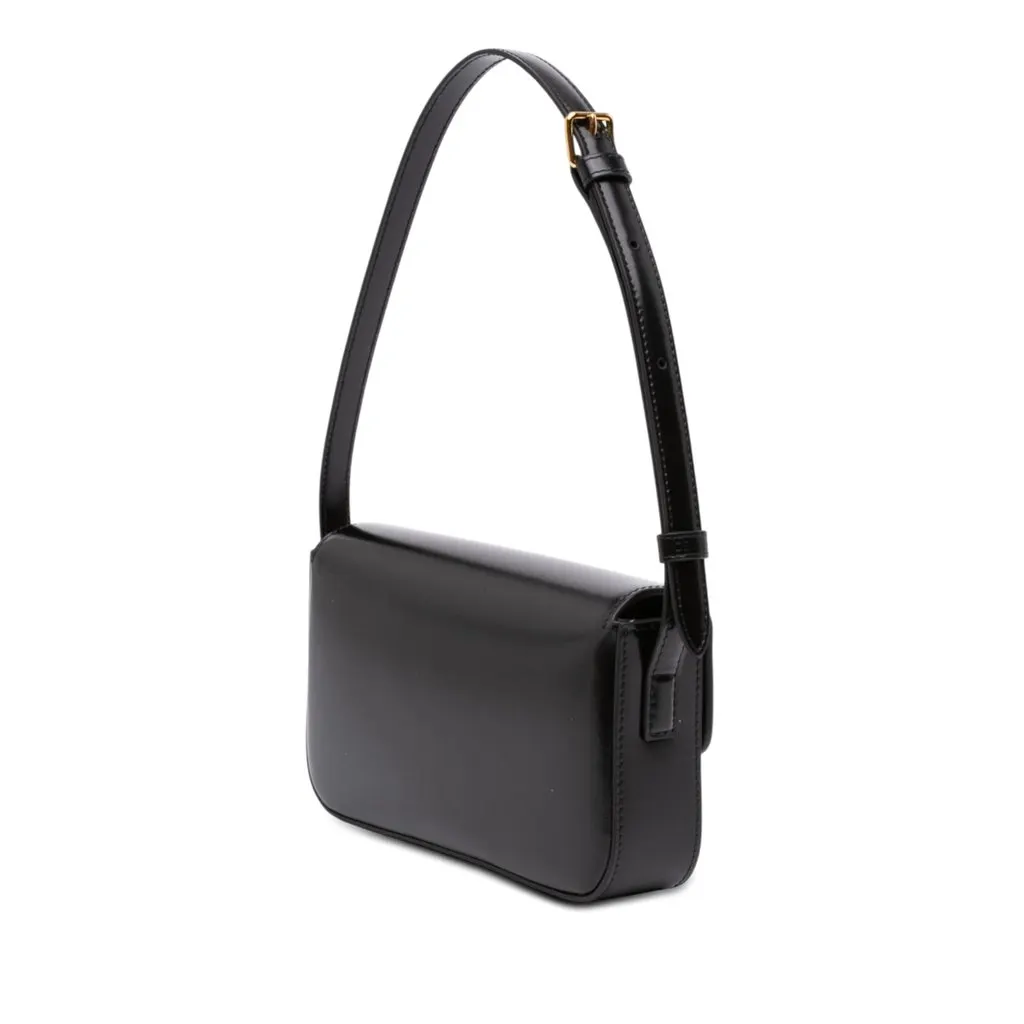 Celine Shiny Calfskin Triomphe Claude Shoulder Bag Black Leather Very good - Back View