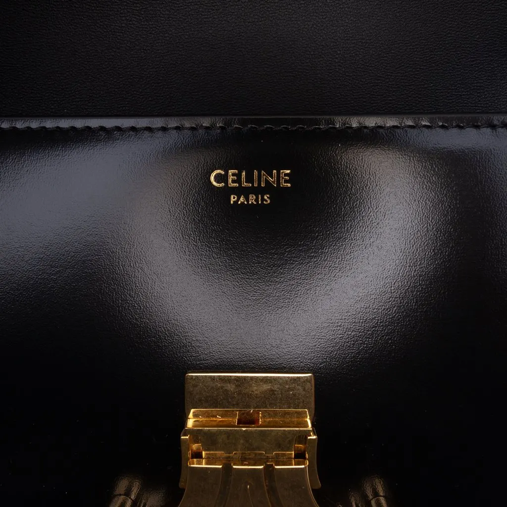 Celine Shiny Calfskin Triomphe Claude Shoulder Bag Black Leather Very good - Box View