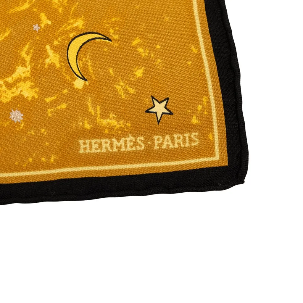 Hermès Annee des Etoiles Pocket Square Silk Scarf 45 Yellow Silk Never worn - Back View