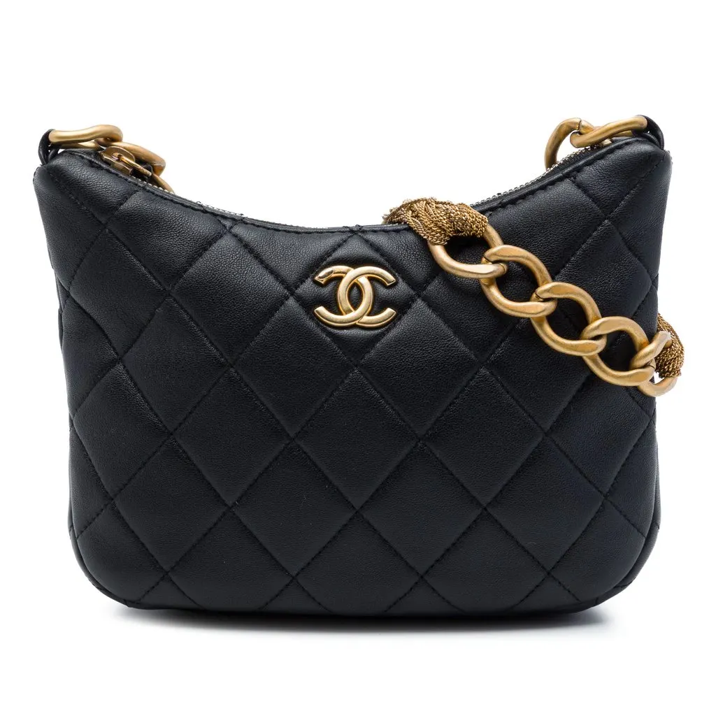 Chanel Paris Dakar Quilted Lambskin Mixed Chain Hobo Black Leather Very good - Front View