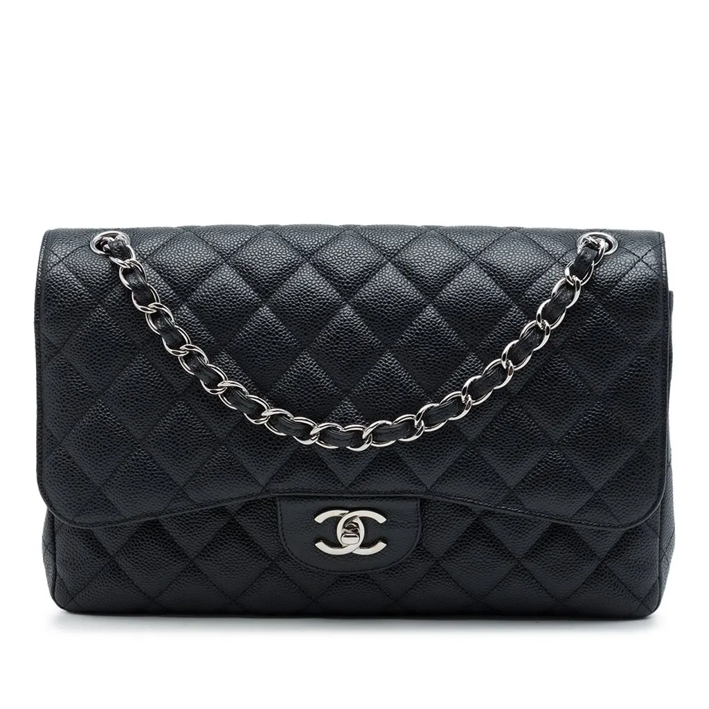Chanel Jumbo Classic Caviar Double Flap Black Leather Good - Front View