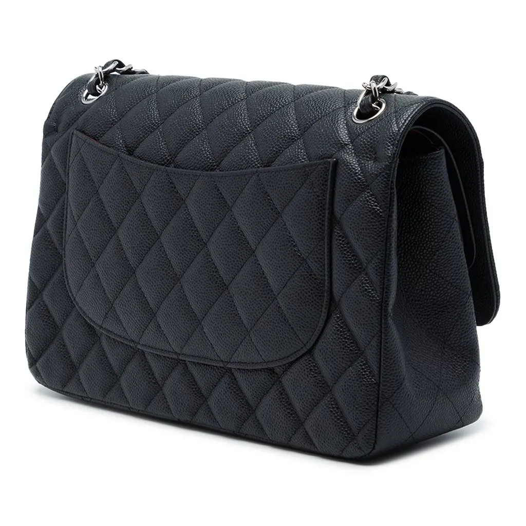 Chanel Jumbo Classic Caviar Double Flap Black Leather Good - Back View