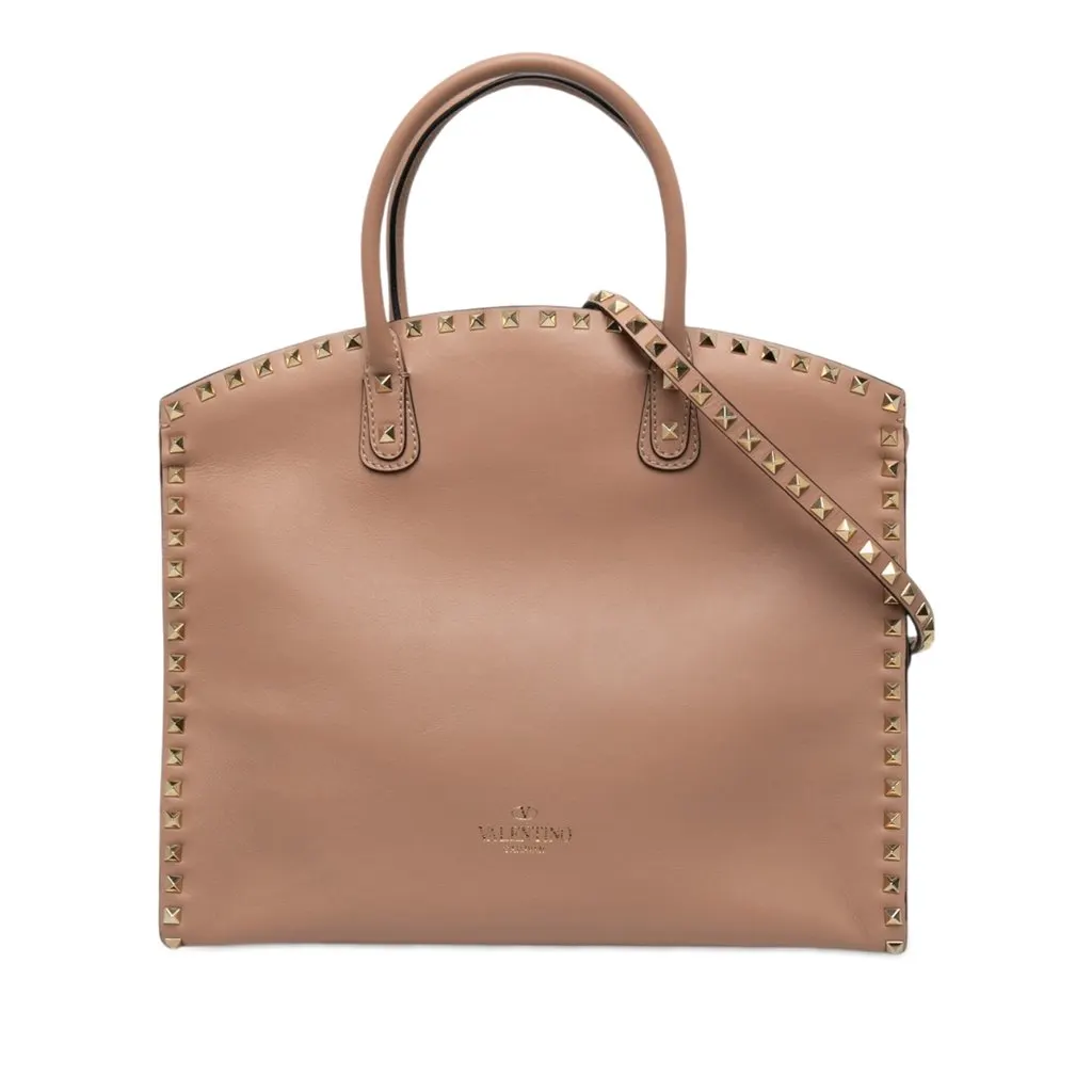Valentino Leather Rockstud Dome Shopper Satchel Brown Leather Very good - Front View
