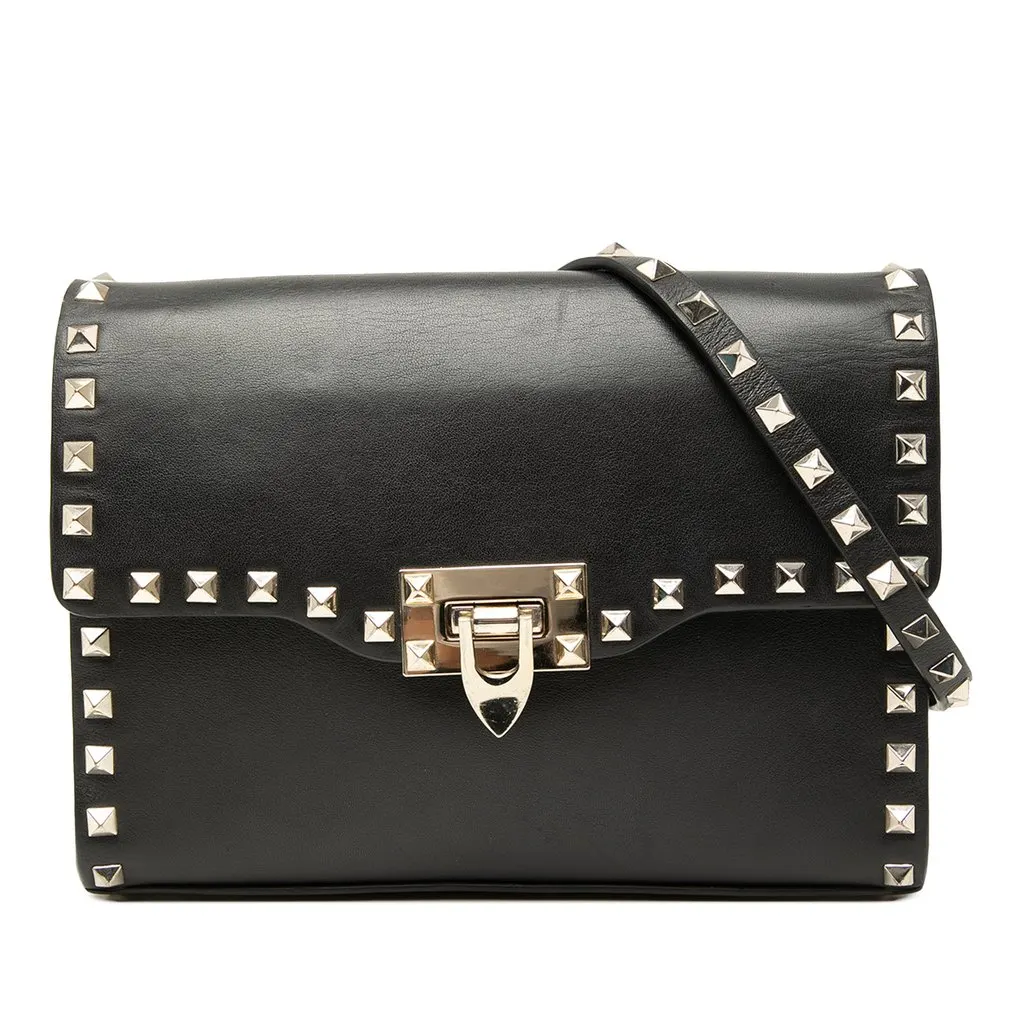 Valentino Small Leather Rockstud Flip Lock Crossbody Black Leather Very good - Front View