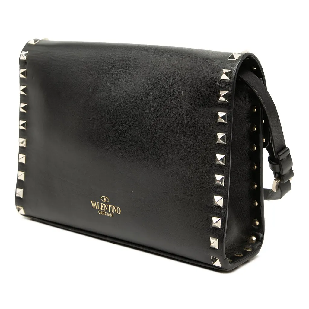 Valentino Small Leather Rockstud Flip Lock Crossbody Black Leather Very good - Back View