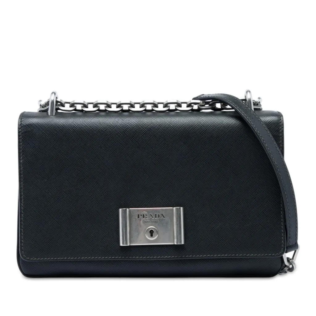 Prada Saffiano Lux Lock Chain Flap Black Leather Very good - Front View