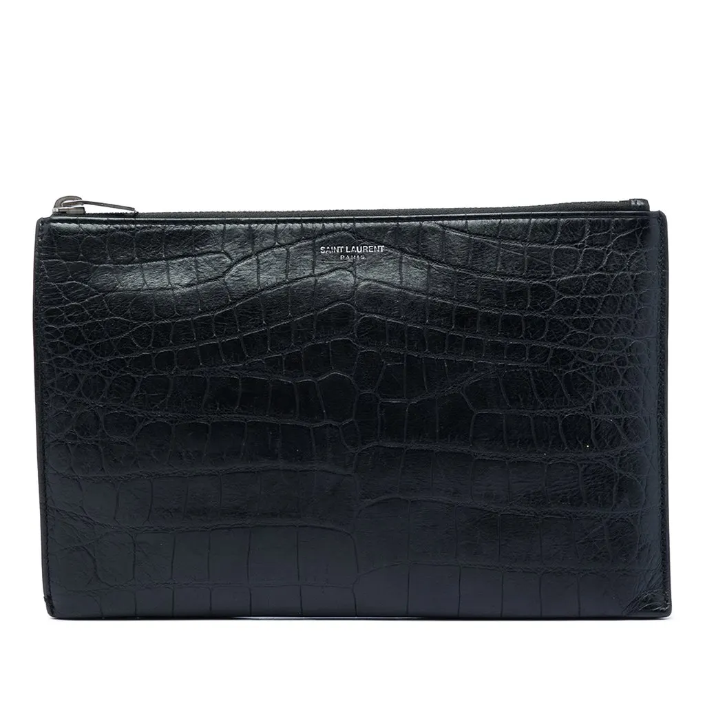 Saint Laurent Croc Embossed Leather Clutch Black Leather Good - Front View