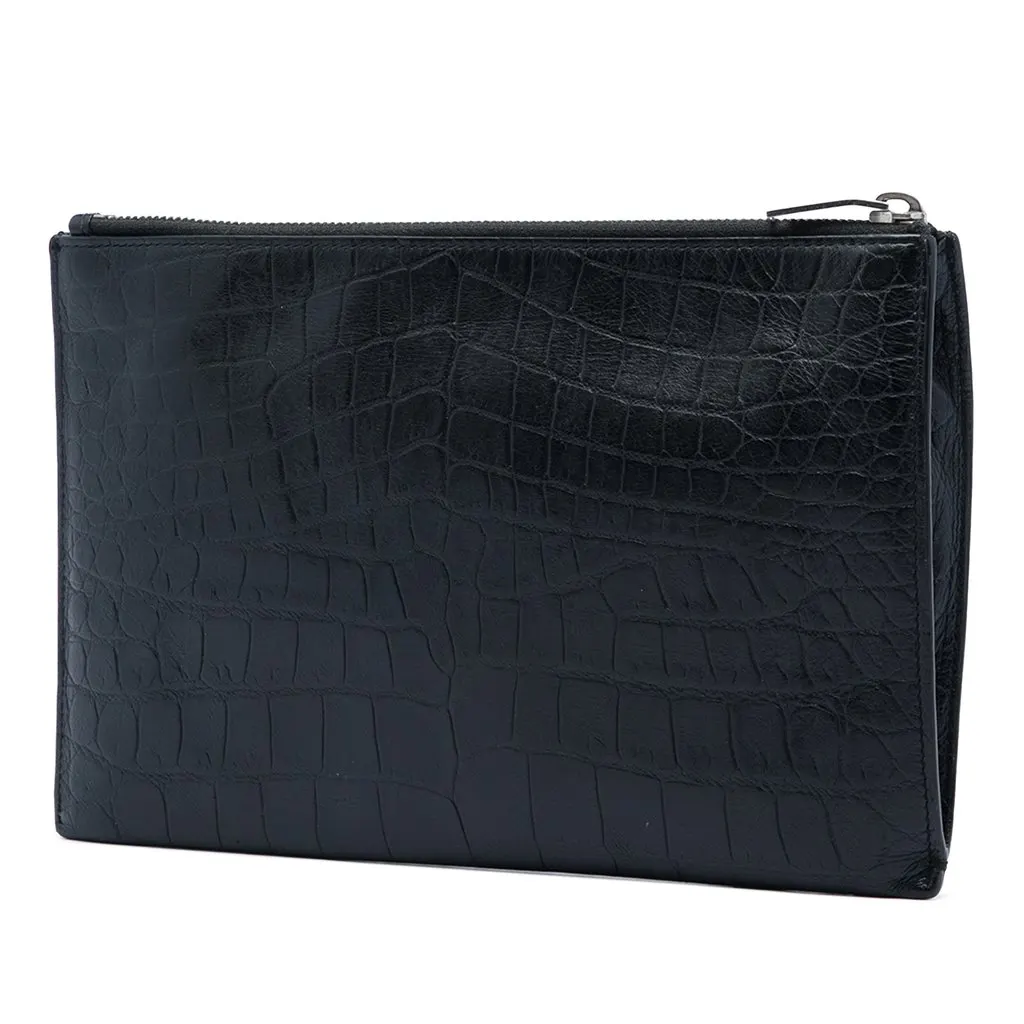 Saint Laurent Croc Embossed Leather Clutch Black Leather Good - Back View
