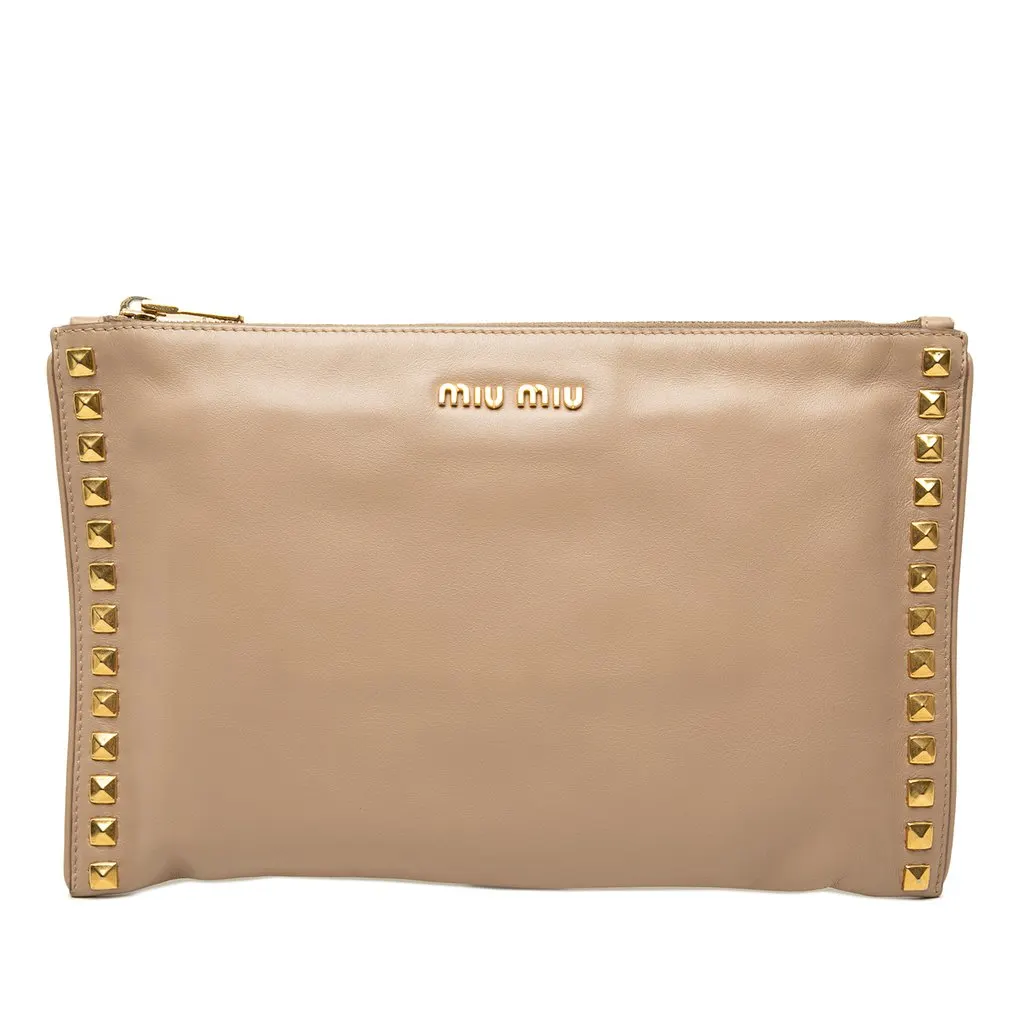 Miu Miu Studded Leather Zip Clutch Beige Leather Good - Front View