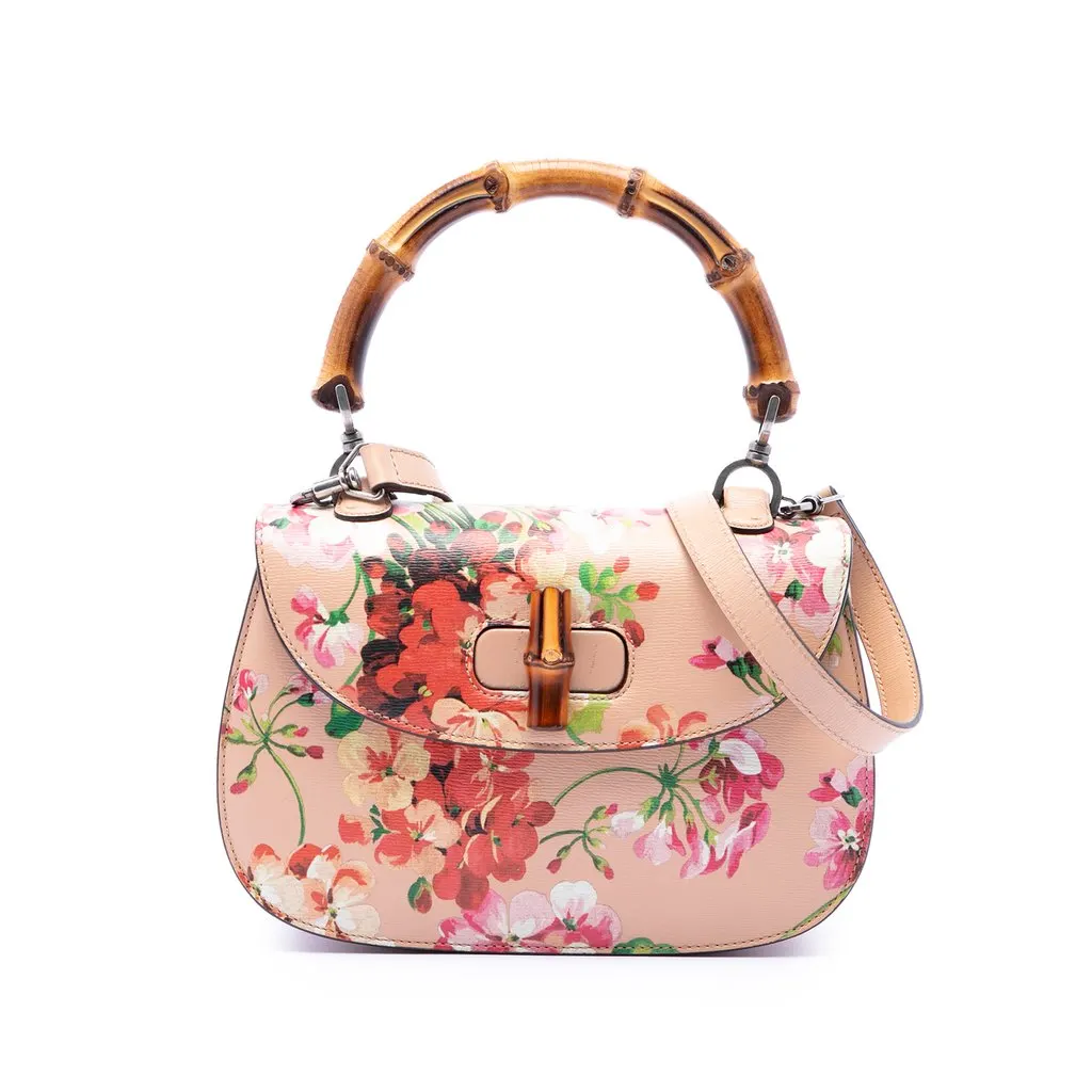 Gucci Medium Calfskin Blooms Bamboo Top Handle Bag Pink Leather Very good - Front View
