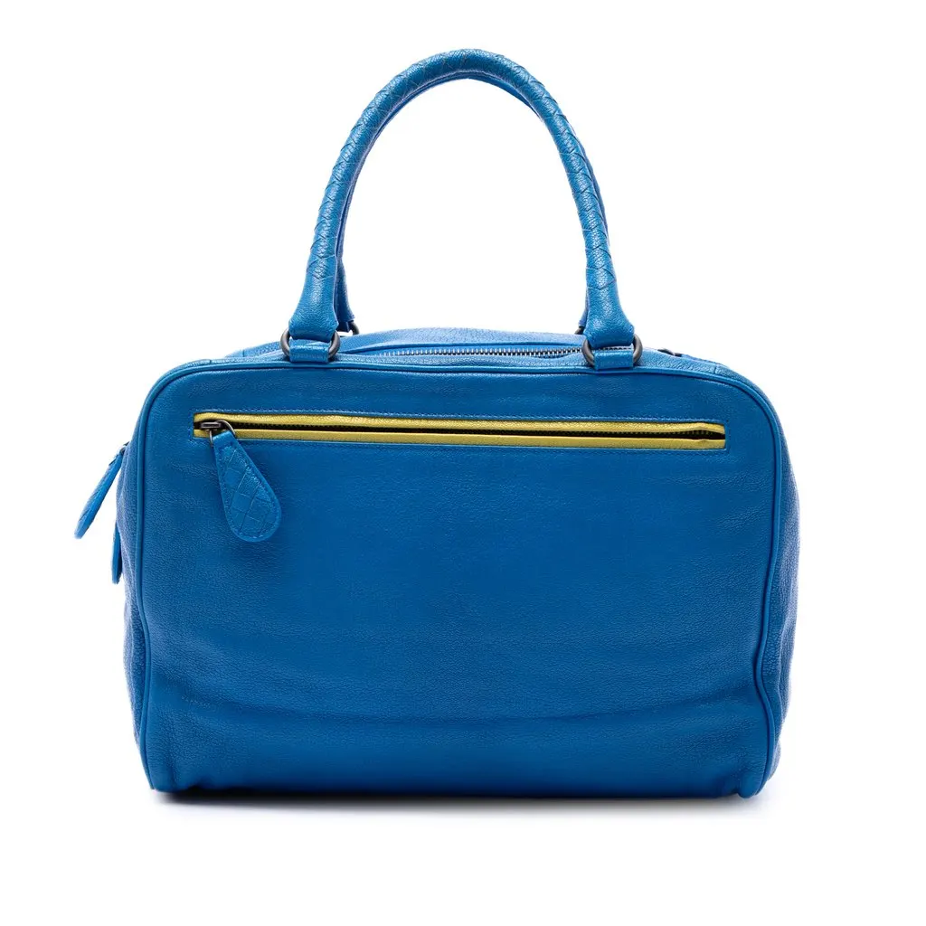 Bottega Veneta Intrecciato Trimmed Medium Goatskin Madras Heritage Brera Handbag Blue Leather Very good - Front View