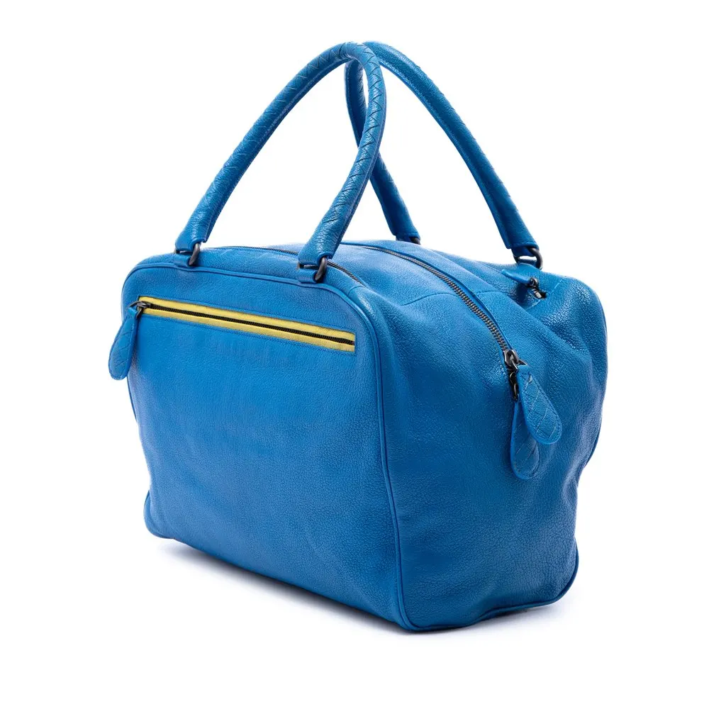 Bottega Veneta Intrecciato Trimmed Medium Goatskin Madras Heritage Brera Handbag Blue Leather Very good - Back View