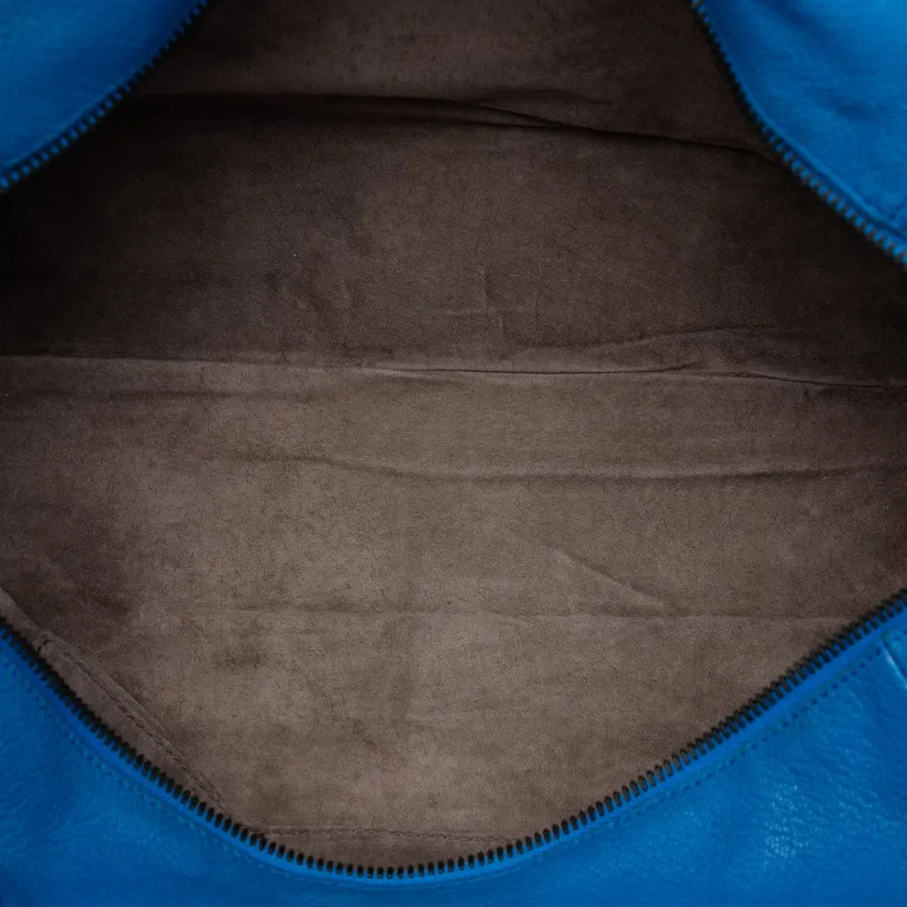 Bottega Veneta Intrecciato Trimmed Medium Goatskin Madras Heritage Brera Handbag Blue Leather Very good - Model View