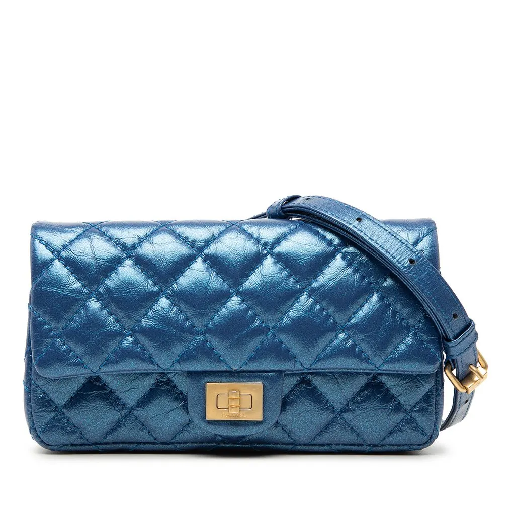 Chanel Quilted Metallic Aged Calfskin Reissue 2.55 Belt Bag Blue Leather Very good - Front View