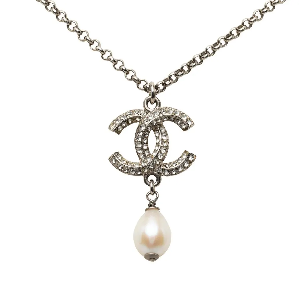 Chanel CC Brass Strass and Faux Pearl Pendant Necklace Silver Metal Very good - Back View