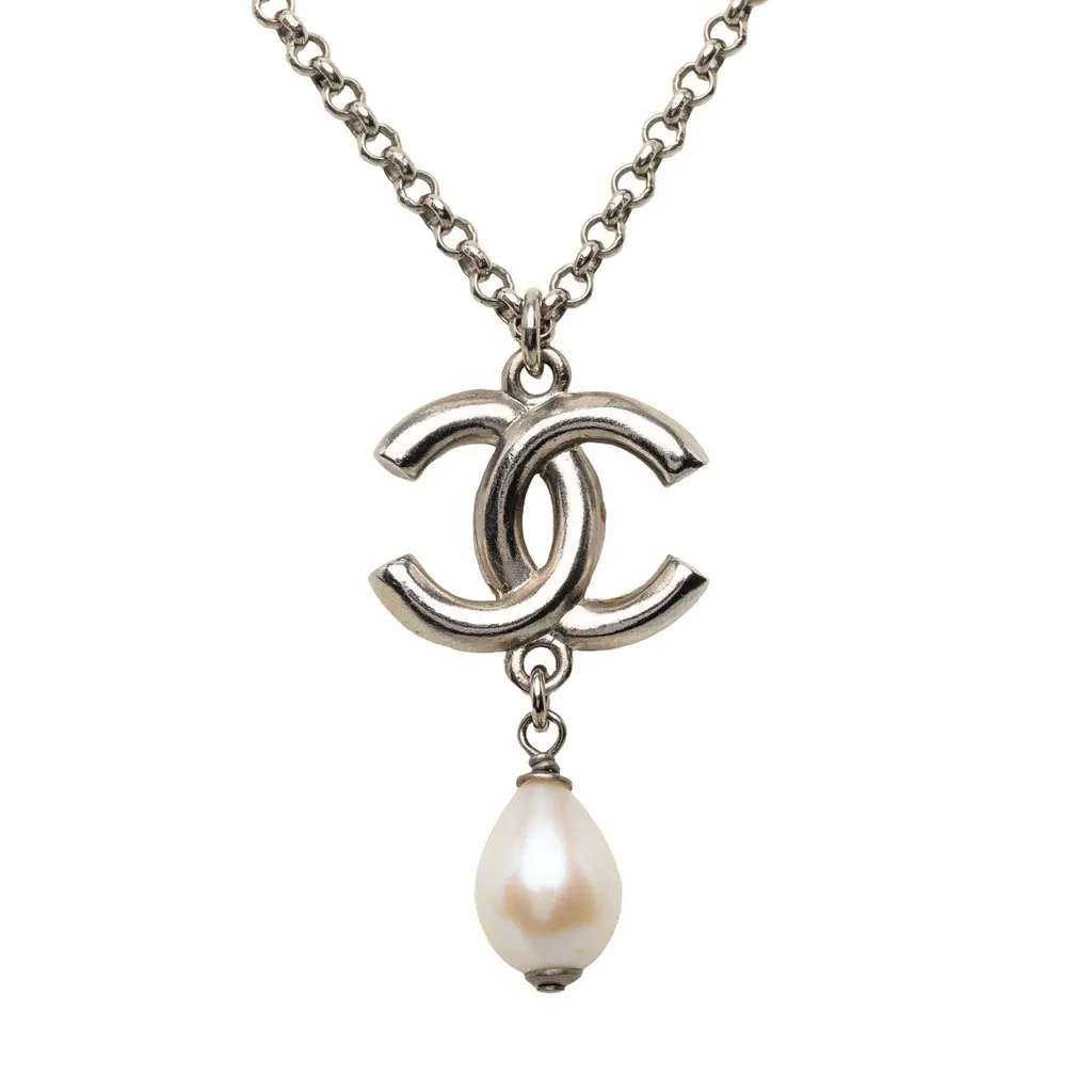Chanel CC Brass Strass and Faux Pearl Pendant Necklace Silver Metal Very good - Inside View
