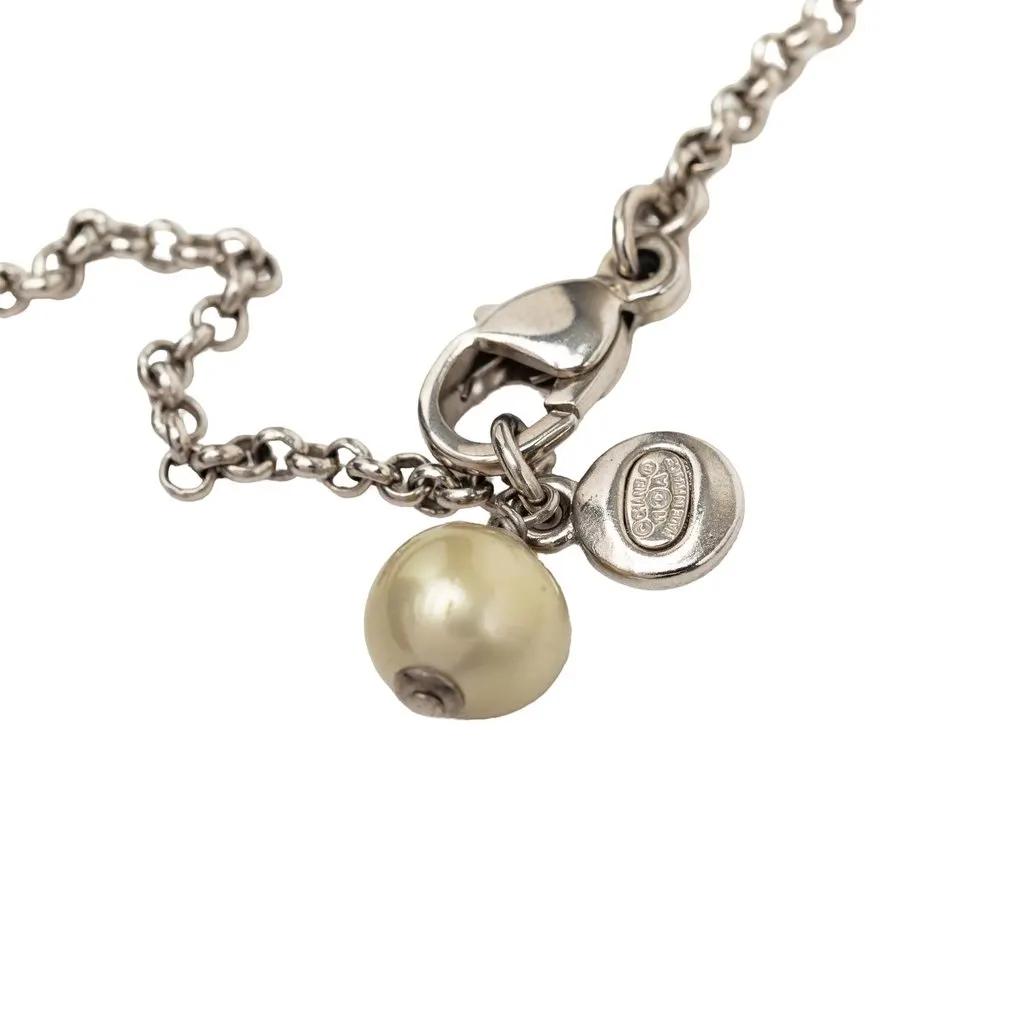 Chanel CC Brass Strass and Faux Pearl Pendant Necklace Silver Metal Very good - Box View