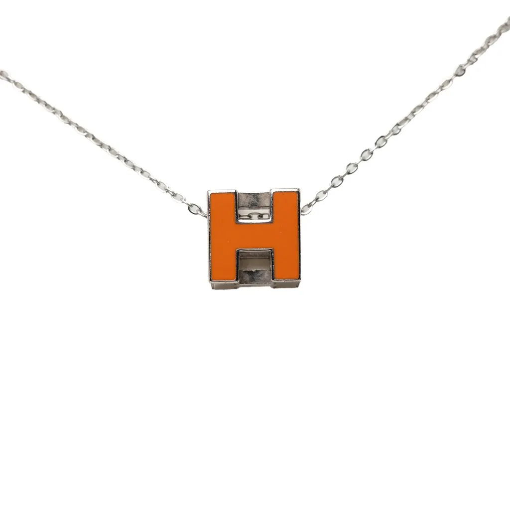 Hermès Palladium Plated Lacquered Cage D H Pendant Necklace Silver Metal Very good - Back View