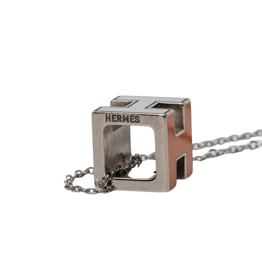 Hermès Palladium Plated Lacquered Cage D H Pendant Necklace Silver Metal Very good - Model View