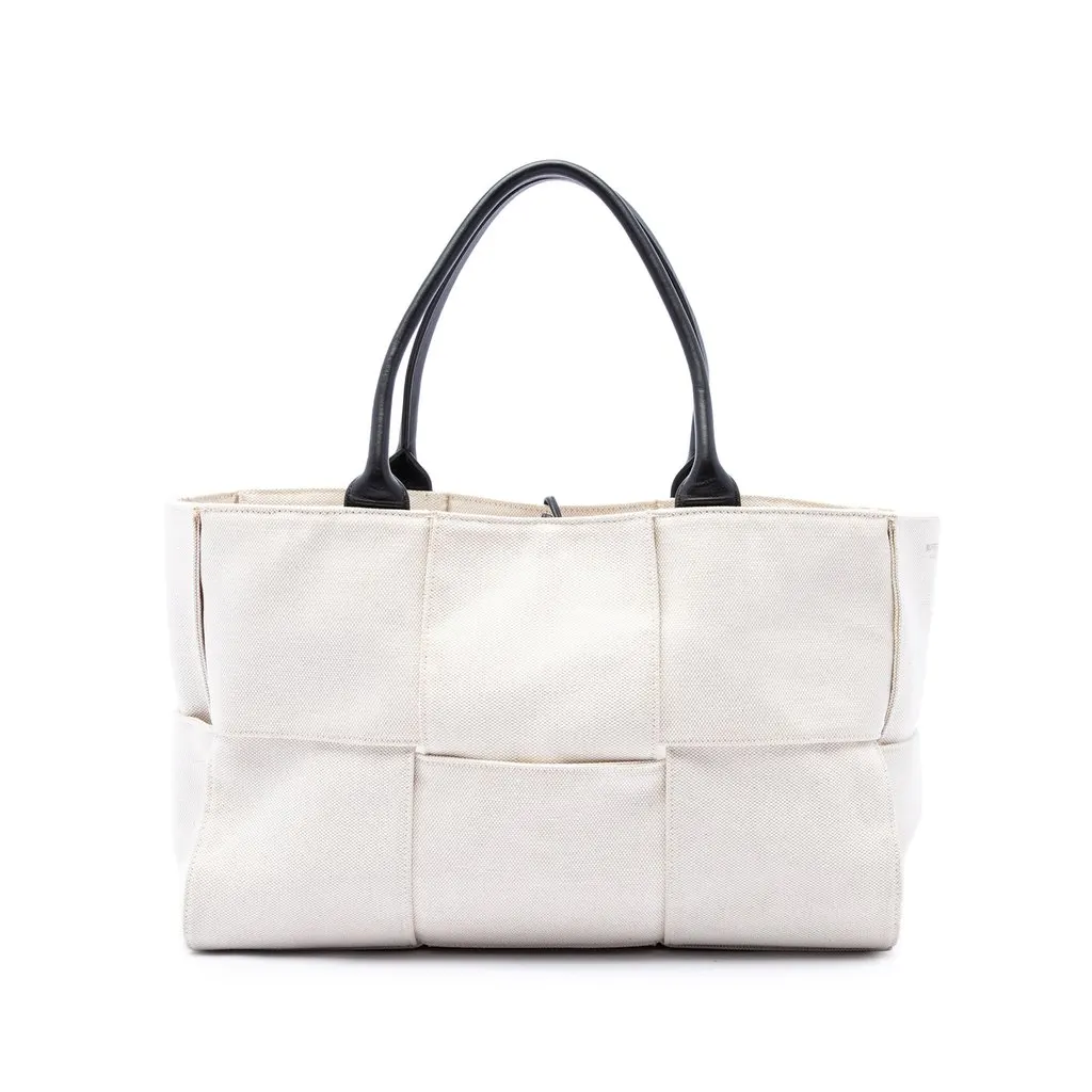 Bottega Veneta Medium Canvas Maxi Intrecciato Arco Tote White Canvas Good - Front View