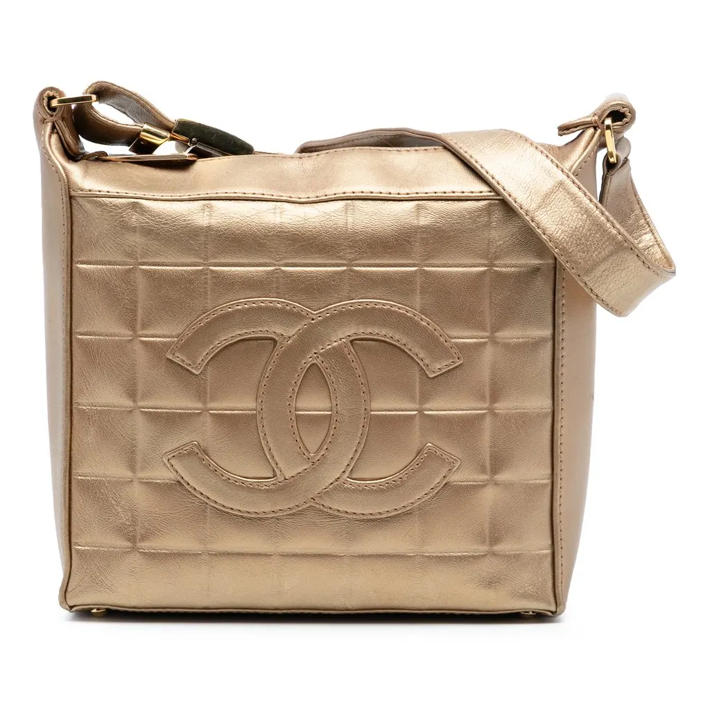 Chanel CC Chocolate Bar Metallic Lambskin Shoulder Bag Gold Leather Very good - Front View