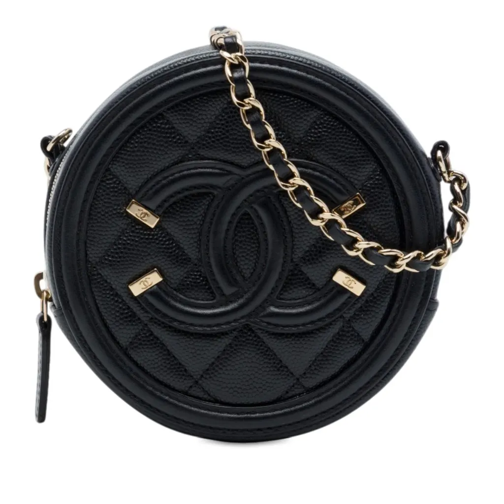 Chanel Caviar CC Filigree Round Clutch with Chain Black Leather Very good - Front View