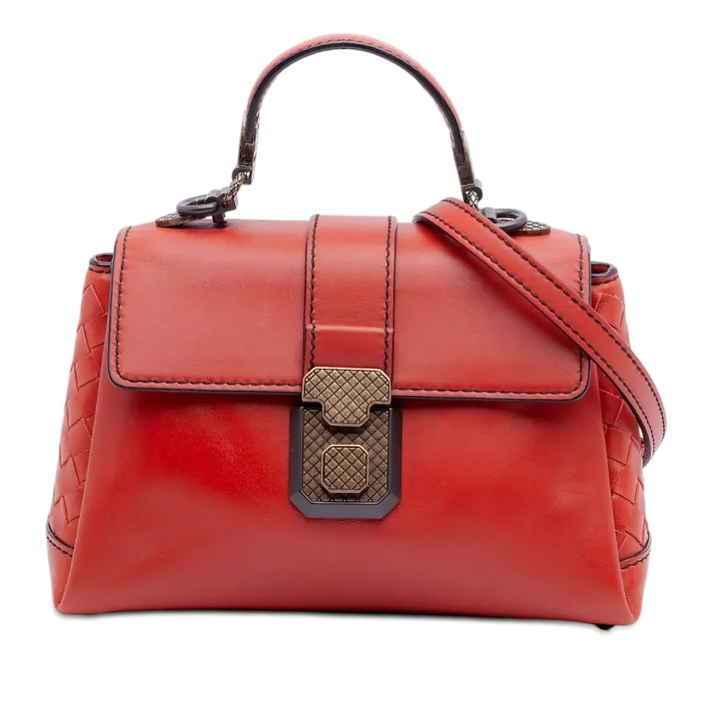 Bottega Veneta Mini Intrecciato Trimmed Nappa Piazza Top Handle Satchel Orange Leather Very good - Front View
