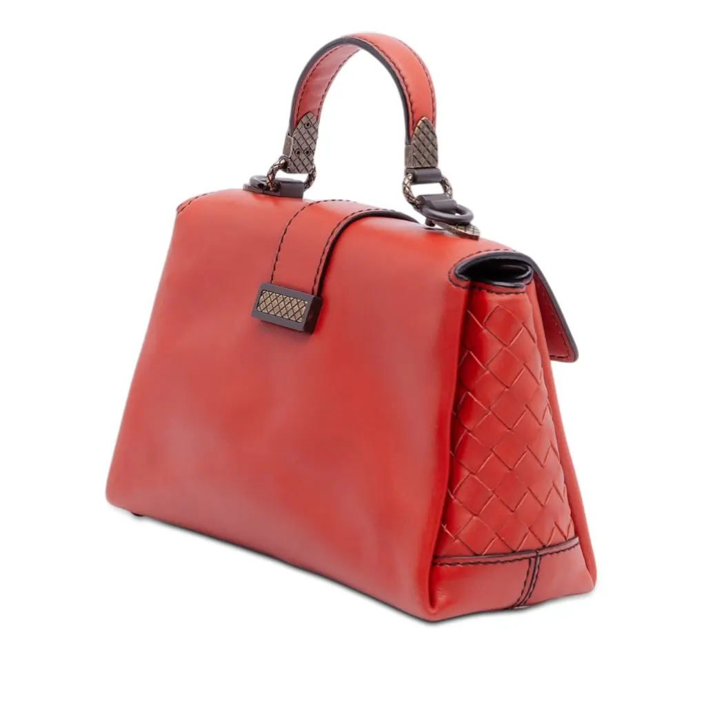 Bottega Veneta Mini Intrecciato Trimmed Nappa Piazza Top Handle Satchel Orange Leather Very good - Back View