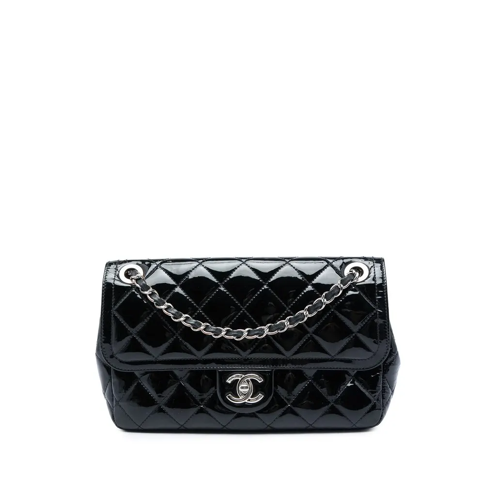 Chanel Medium Patent Coco Shine Flap Black Leather Good - Front View