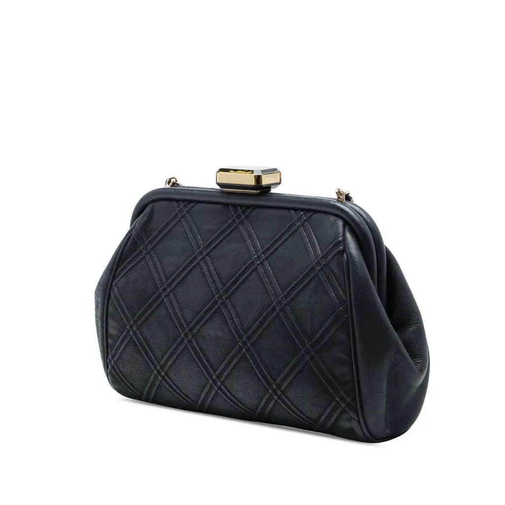 Chanel CC Quilted Lambskin Double Stitch Kiss Lock Clutch with Chain Black Leather Very good - Back View